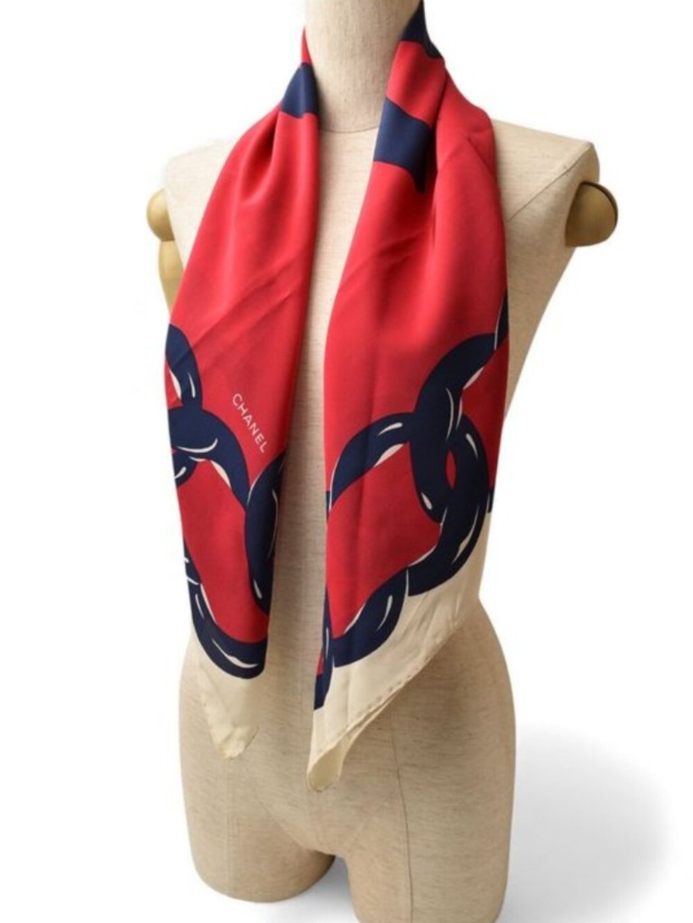 Chanel Scarf Shawl Vintage Coco Mark Chain Pattern Silk White Red - Picture 9 of 9
